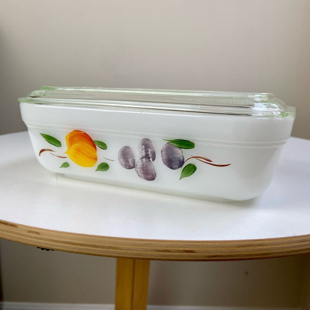 Vintage 1950's Fire King Gay Fad Hand Painted Fruit Refrigerator Dish with Lid